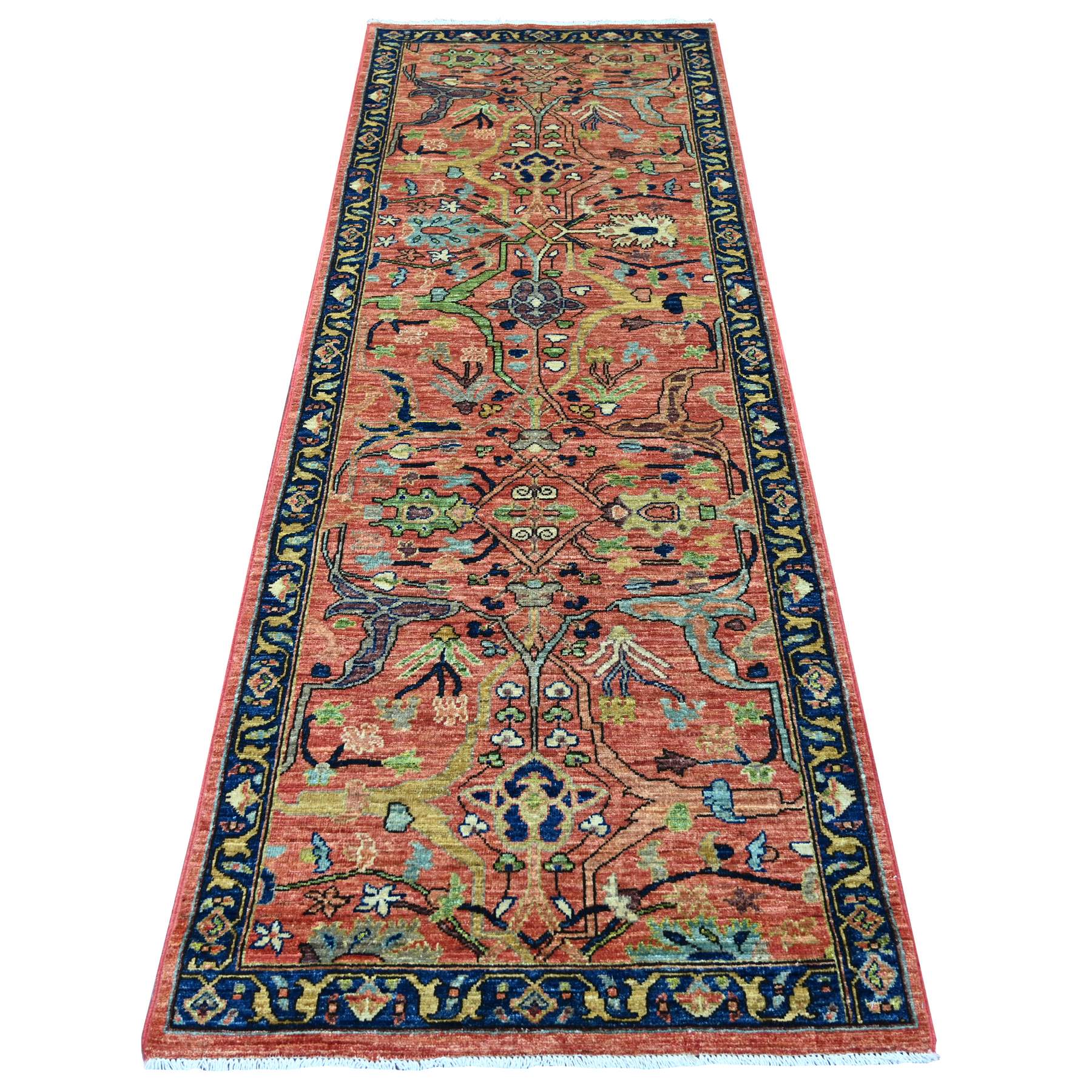 3'x8' Coral Red, Aryana Collection, Peshawar with Bijar Garus Design, High Mountain Wool, Hand Knotted, Vegetable Dyes, Densely Woven, Runner, Oriental Rug 